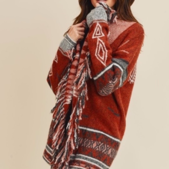 Cozy Cinnamon Red Tribal Print Fringe Open Front Cardigan - Picture 8 of 10